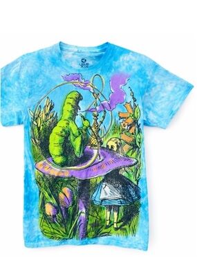 Liquid Blue Graphic T Shirt Tye Dye Alice in Wonderland Top Shirt Cotton